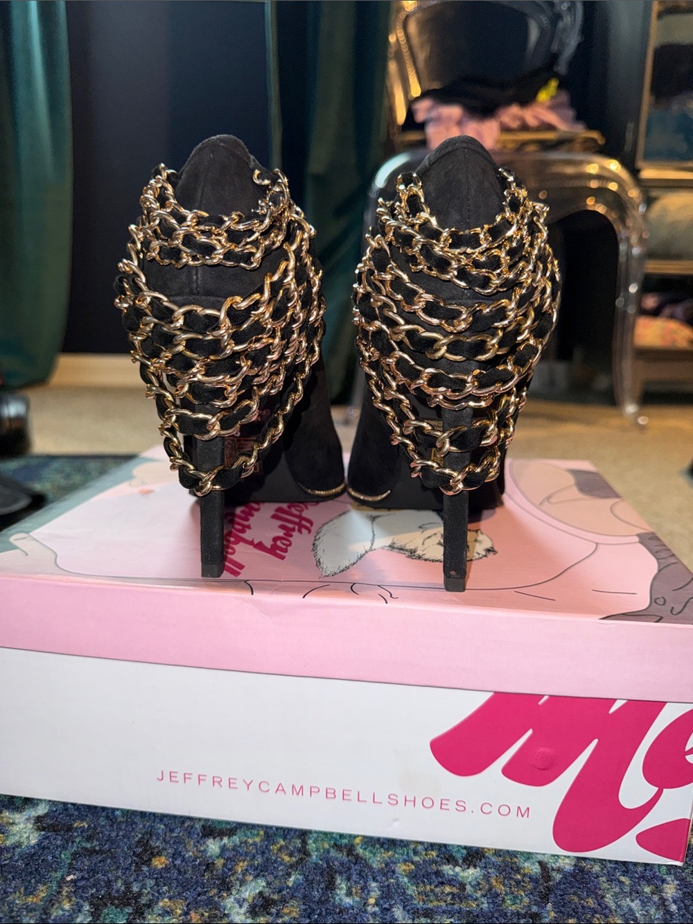 Jeffrey Campbell Black Suede Pointed-Toe Pumps with Gold Chain Heel - Picture 2 of 5